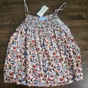 Evereve Floral Smocked Cami Top Womens XS Cream Red Blue Boho EW888 NWT